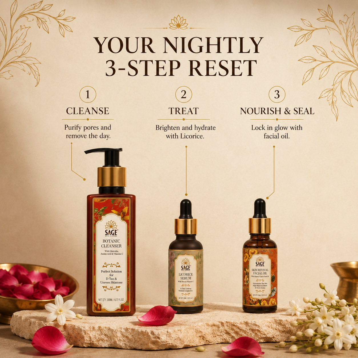 The Ayurvedic Glow Ritual – Cleanser + Serum + Facial Oil Sage Royal Ayurveda
