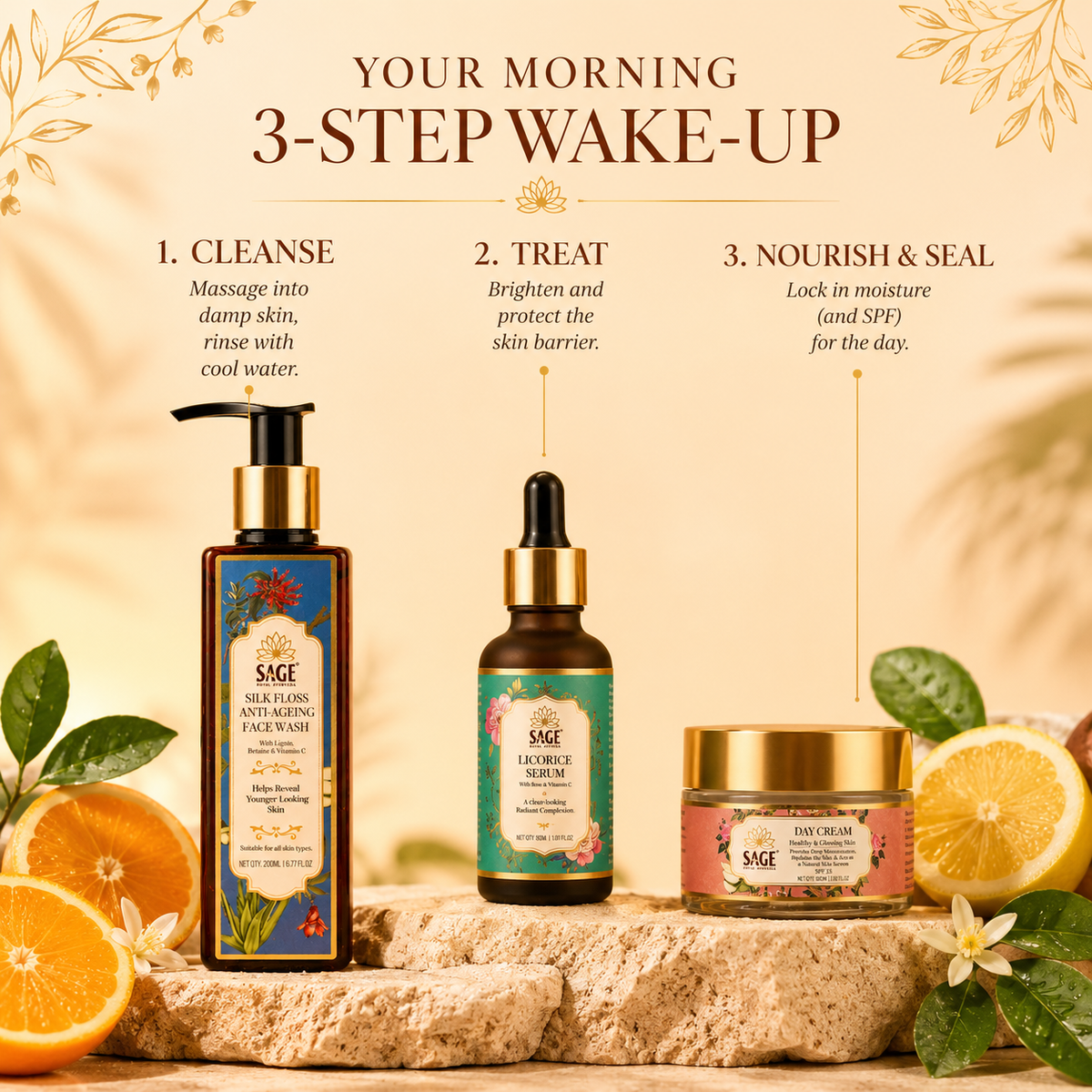 The Morning Sunrise Glow Ritual – Face Wash + Serum + Day Cream Sage Royal Ayurveda