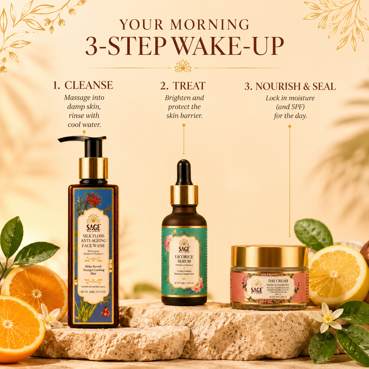 The Morning Sunrise Glow Ritual – Face Wash + Serum + Day Cream Sage Royal Ayurveda