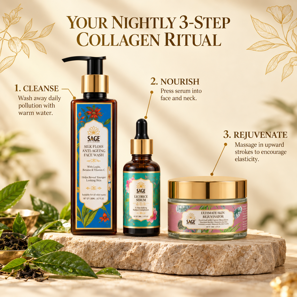 The Wrinkle-Reset Ritual – Face Wash + Serum + Skin Rejuvenator Sage Royal Ayurveda
