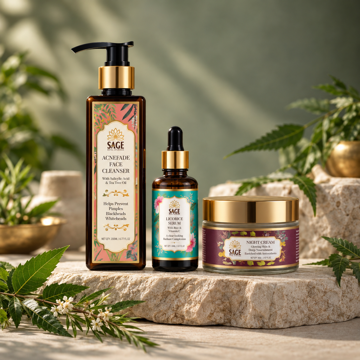 The Acne Reset & Calming Ritual – Face Wash + Serum + Night Cream Sage Royal Ayurveda