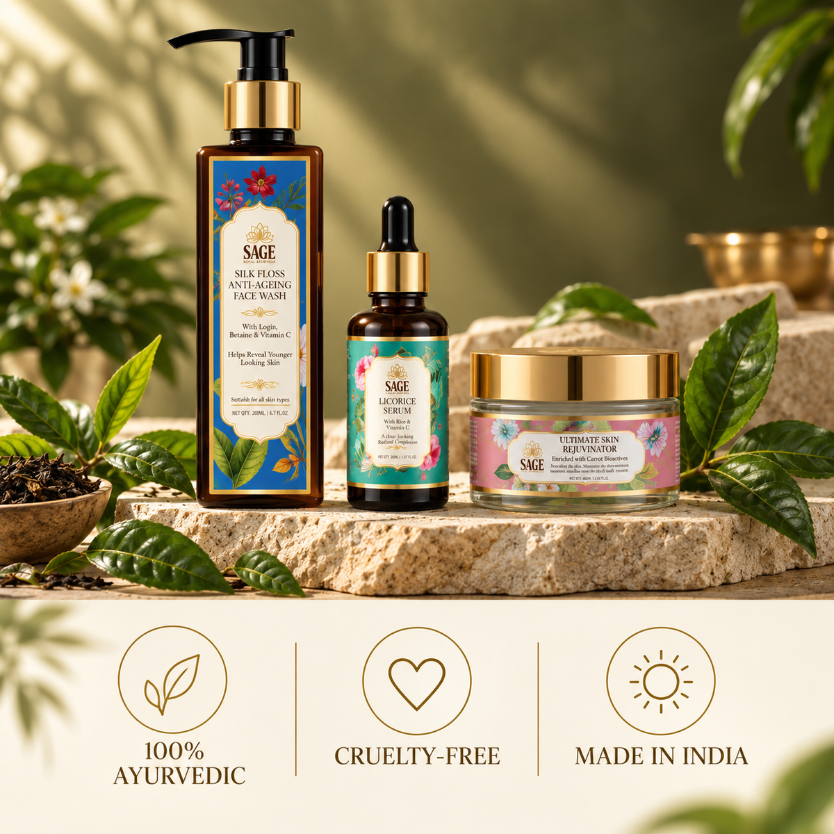 The Wrinkle-Reset Ritual – Face Wash + Serum + Skin Rejuvenator Sage Royal Ayurveda