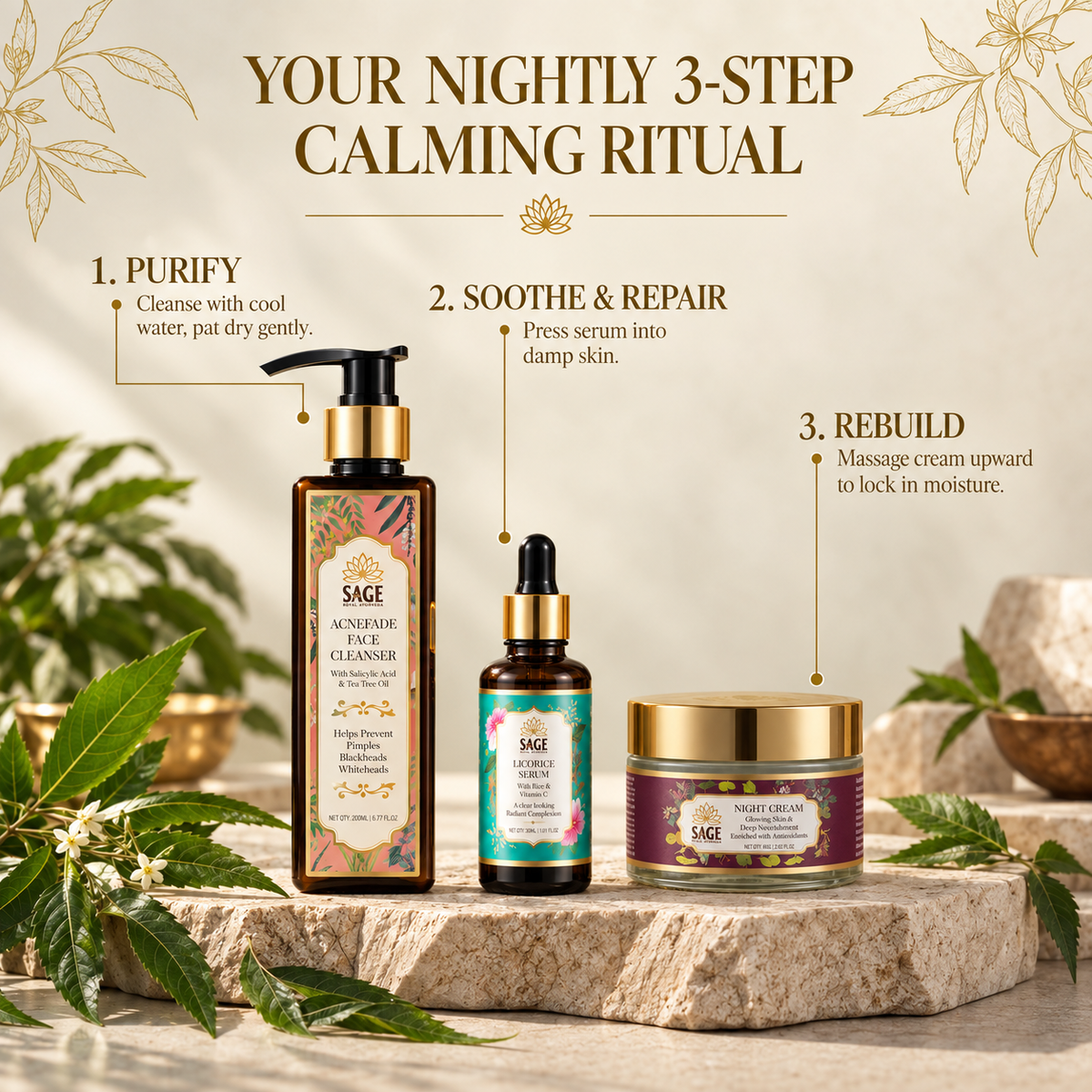 The Acne Reset & Calming Ritual – Face Wash + Serum + Night Cream Sage Royal Ayurveda