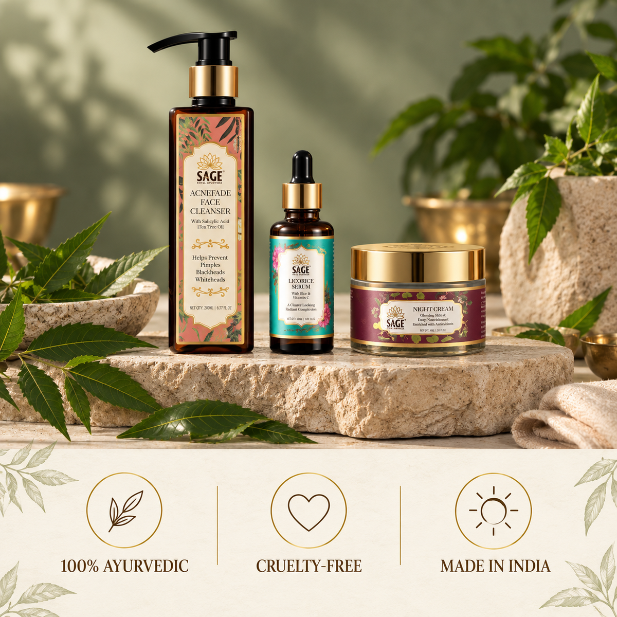 The Acne Reset & Calming Ritual – Face Wash + Serum + Night Cream Sage Royal Ayurveda