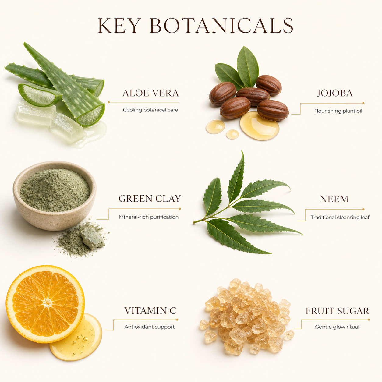 Key botanicals - aloe vera, jojoba, green clay, neem, vitamin C, fruit sugar